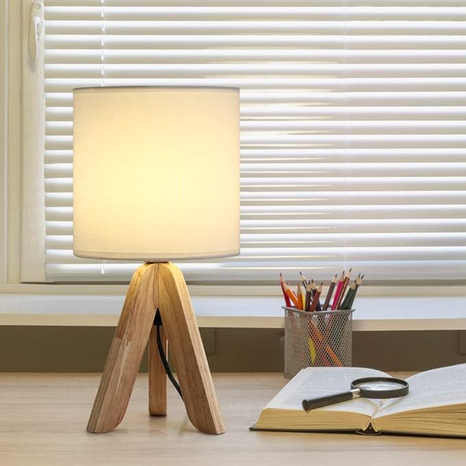 HAITRAL Small Bedside Table Lamp - Wooden Tripod Nightstand Lamp for Bedroom, Living Room, Office, Farmhouse, Home with Fabric Shade, White
