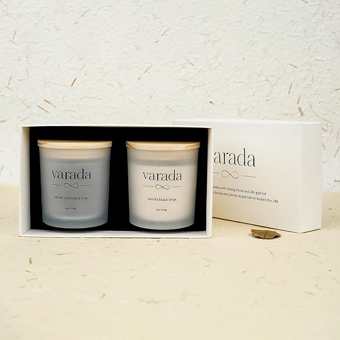 Aromatherapy Soy Candle Gift Set. 24K Gold Foil and Black Onyx -80 Hours of Clean Burn. Vanilla and Velvet Oud. Stess Relief. Relaxation. Manifestation. Birthday. Appreciation.