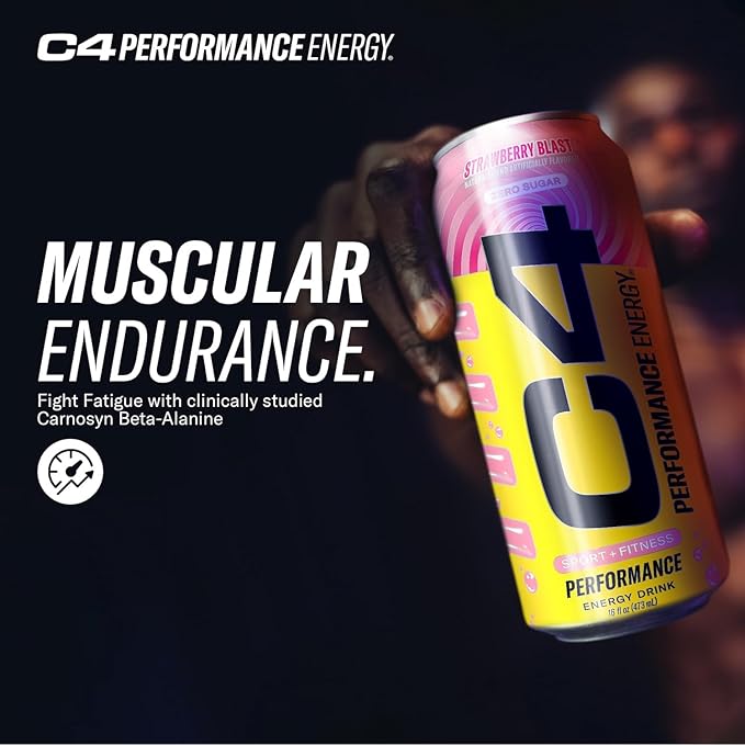Cellucor C4 Performance Energy Drink | Strawberry Blast | Zero Sugar Carbonated Preworkout Energy | 200mg Caffeine with Beta Alanine | 16 Fl Oz (24 Pack)