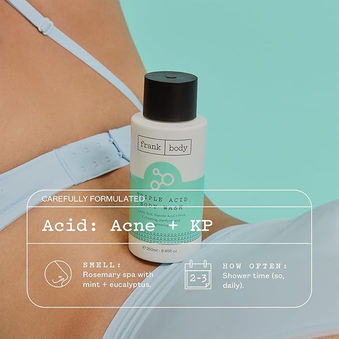 frank body Triple Acid Body Wash | Clears Body Acne & Smooths KP Bumps | Daily Exfoliating Cleanser with Lactic, Glycolic & PHA Acids | Vegan & Cruelty-Free | Rosemary Spa Scent | 250ml/8.45 fl oz