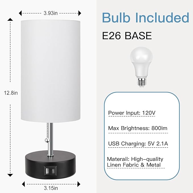 3-Color Temperature Bedside Lamp Nightstand Lamp with USB A Port and C Port, Table Lamp for Bedroom with LED Bulb Small Lamps for Living Room (White)