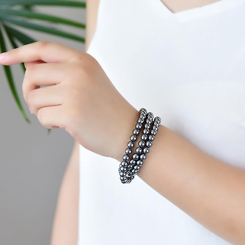 Hematite Beaded Bracelets For Men Protection Bracelets For Women Chakra Feng Shui Stretchy Health & Healing Stone 8mm Beaded Bracelets Lucky Stretch Elastic Handmade Bracelets(Hematite 3PCS)