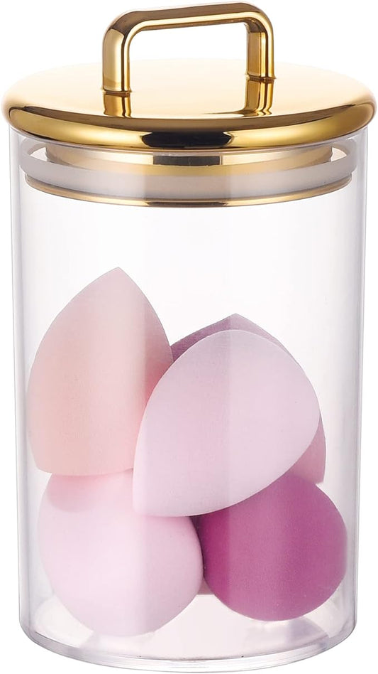 24 oz Medium Acrylic Storage Apothecary Jar with Gold Airtight Lid | Bathroom Vanity Organizer Containers | Ideal Decorative Canisters for Shells, Bath Salt, Grains, Cotton Ball, Flossers