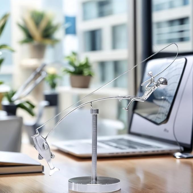 Kinetic Fishing Sculpture - Balance Art for Your Space, Fisherman Kinetic Balancing Desk Toy Fishing Physics Sculpture for Home Office Art Deco, Stainless Steel Balance Physics Toy 1PCS