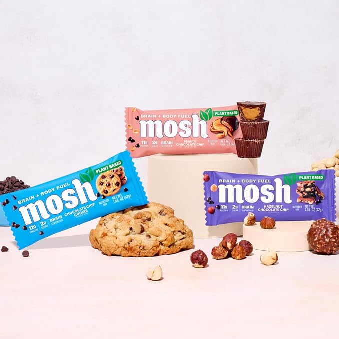MOSH Variety Pack Vegan Protein Bars, Plant Based, Keto, Gluten Free, Brain Healthy Snack with Cognizin, Ashwagandha and Lion's Mane, 15 Count