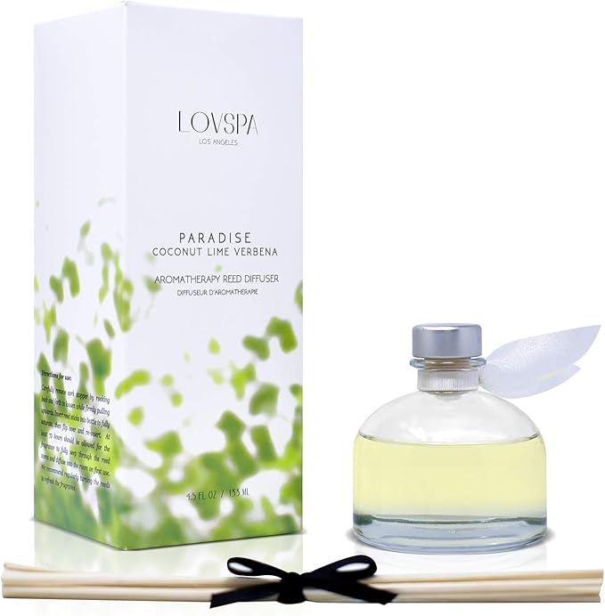 LOVSPA Reed Diffuser Set, Paradise Coconut Lime Verbena Scented Oil Diffuser with Sticks, Home Fragrance Accessories for Bathroom Shelf Decor, Aroma Diffusers for Home or Office Desk, USA Made