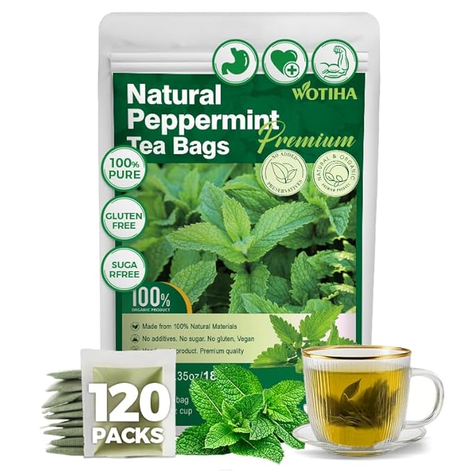 WOTIHA-Natural Peppermint Tea 180g.120 Herbal Tea 100% Natural Peppermint Leaves.Non-GMO • Additive-Free • Caffeine-Free • Sugar-Free • Vegan