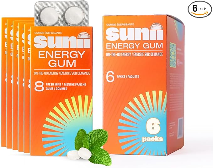Sunii - Energy Gum - NEW Quick Boost Energy & Focus - 50mg Caffeine Gum -Vitamins B6 & B12, Taurine, Vegan, No Sugar, Zero Calorie, Fresh Mint Taste - Faster than Chews, Drinks, Gels & Pills (48pcs)