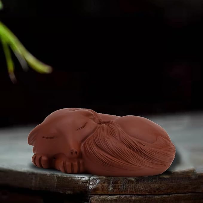 3.3" Chinese Fox Tea Pet Yixing Purple Clay Sculpture Lucky Fox Statue Art Ornament Tea Pet Handmade Purple Sand, Home Office Decorations