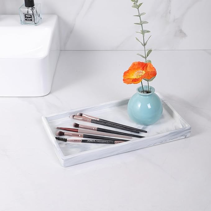 Bathroom Vanity Tray - 11'' Ceramic Rectangle Countertop Tray, Heavy-Duty Perfume Organizer Plate, Jewelry Ring Tray, Kitchen Soap Dispenser Stone Trays, Marble White