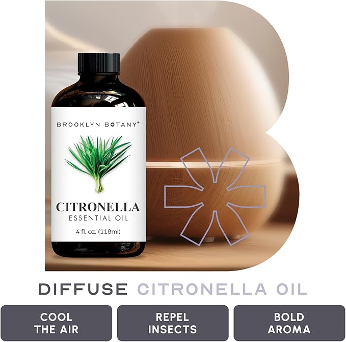 Brooklyn Botany Citronella Essential Oil - 100% Pure and Natural - Premium Grade Oil with Dropper - for Aromatherapy and Diffuser - 4 Fl Oz