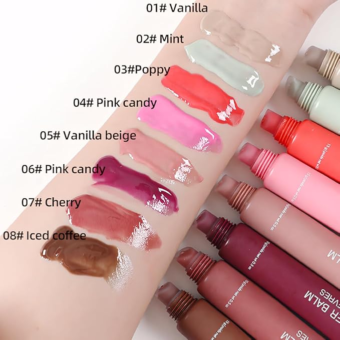4Pcs Tinted Lip Balm Serum Makeup, Squeeze Hydrating Tint Lips Balms Serum Cosmetic, Women Care Glossy Nourishing Plumping Lip Stain Gloss Lipstick Suitable for dry lips, Set03(01#+02#+04#+08#)