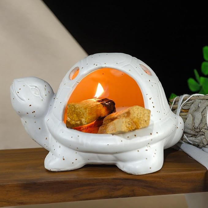 Handcrafted White Ceramic Turtle Palo Santo Holder, Sage, Cone Incense and Copal Burner Holder | Ideal for Meditation, Yoga, Aromatherapy & Altar Spaces | Zen-Inspired Home Decor Gift