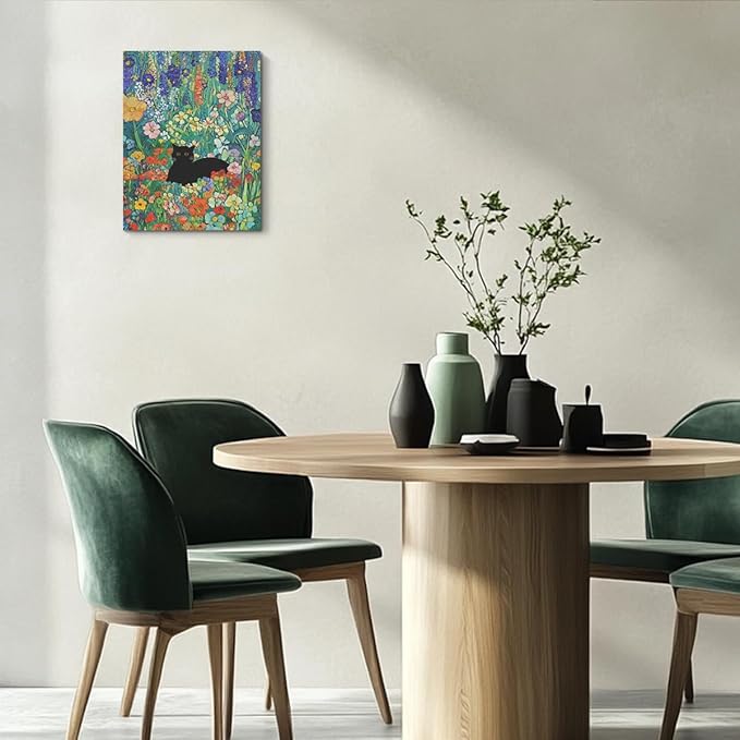 HZMLYDJ Cute Garden Cat Wall Art Garden Flowers Cat Aesthetic Design Posters Vintage Canvas Wall Art for Room Bedroom Living Room Bathroom Decor, Trendy Paintings Aesthetic Cats Lovers Decoration