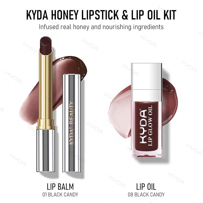 KYDA Black Honey Lipstick Kit, Includes Honey Lipstick Tinted Lip Balm and Lip Glow Oil, Sheer Black Lips Color with a Hydrating Oils Formula, for Smooth Dewy Finish