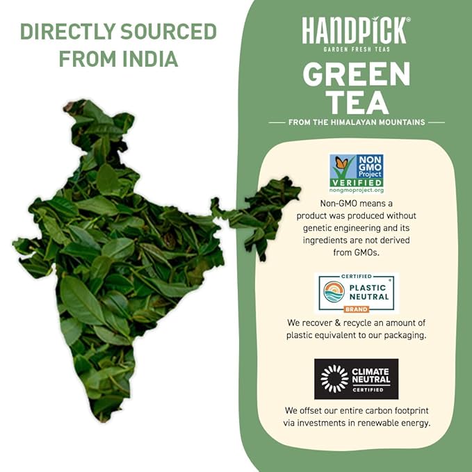 HANDPICK, Green Tea Loose Leaf (255g/9oz) 127 Cups | Non-GMO, 100% Pure Green Tea Leaves Sourced from Himalayas, India | Resealable Ziplock Pouch