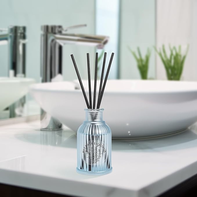 Wild Mint & Eucalyptus Reed Diffuser Set, 2-Pack Aroma Essential Oils, Basil and Ginger Scented Oil Home Fragrance with 10pcs Sticks, Aromatherapy Air Freshener for Room Shelf Bathroom Decor