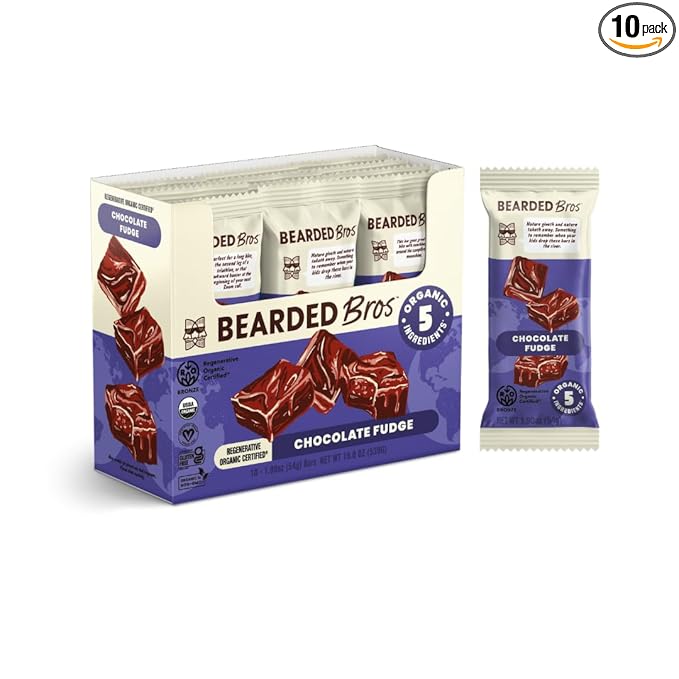 Bearded Brothers, Organic Vegan Protein Energy Bars, Chocolate Fudge (10 Pack) - Gluten Free, Paleo, Fiber, Whole 30, Non GMO Low Glycemic Snacks