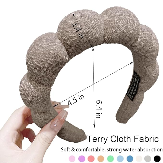 Spa Headbands for Washing Face or Makeup, Sponge Bubble Skincare Headbands, Puffy Terry Cloth Hairband for Women, Skin Care Makeup Headwear Hair Accessories for Girls (Dark Coffee)