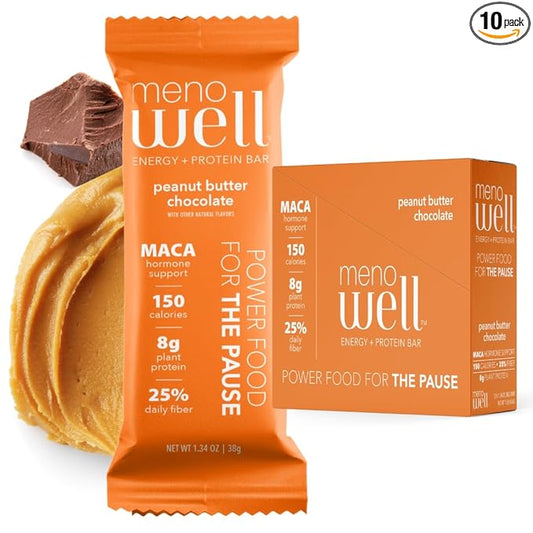 MenoWell Menopause and Perimenopause Protein Bars for Women, Weight Management Support, Peanut Butter Chocolate, 25% Daily Fiber, Prebiotic, Plant-Based, 7g of Protein, 3g Added Sugar, 10 Count (Pack of 1)