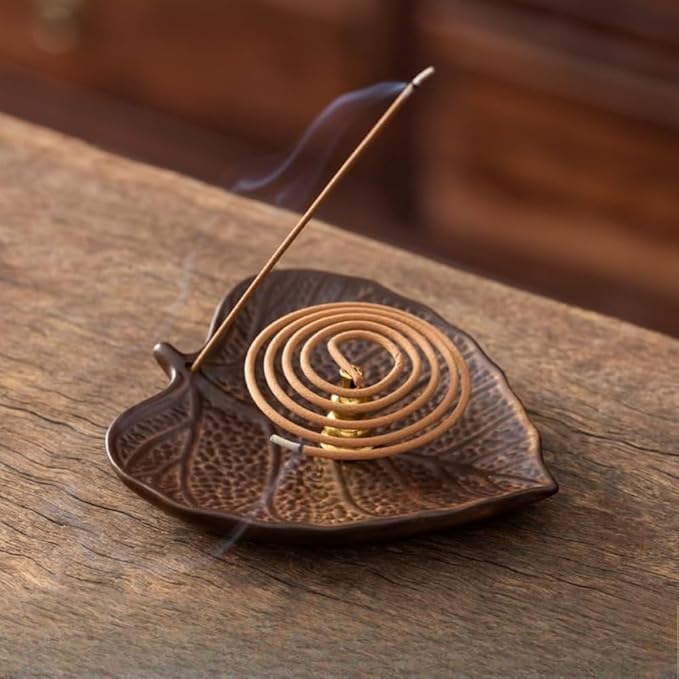 2-Style Ceramic Incense Burner, Bodhi&Ginkgo Leaf Design, Ceramic Incense Holder for Sticks with Ash Catcher&Built-in Stand, Zen Meaning Decor for Home, Office&Yoga/Sage/Cone(Brown and White)