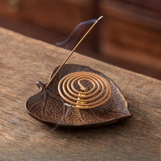 2-Style Ceramic Incense Burner, Bodhi&Ginkgo Leaf Design, Ceramic Incense Holder for Sticks with Ash Catcher&Built-in Stand, Zen Meaning Decor for Home, Office&Yoga/Sage/Cone(Brown and White)