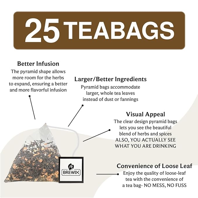 BREWIX, Vanilla Spiced Chai Tea (25 Pyramid Tea Bags) | High Caffeine, Gluten Free | Blend Of Vanilla & Masala Chai Tea | Black Tea with Cinnamon, Black Pepper, Cardamom and Clove | Energy & Focus Tea