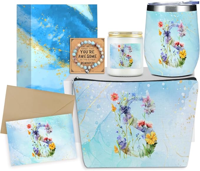 Personalized Gifts Monogrammed Birthday Gifts for Women, New Mom, Grandma Valentine's Day Thank You Christmas, Initial Wine Tumbler Makeup Bag Scented Candle Bracelet Set, (Aesthetic Blue Flower S)