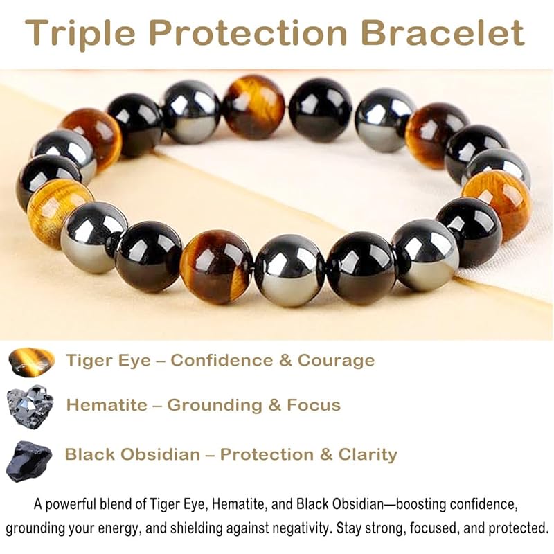 AD Beads Handmade Gemstone Stretch Elastic Bracelet Crystal Healing Reiki Nature's Beauty and Spiritual Essence Unisex (4mm, Triple Protection (Strong Protect))