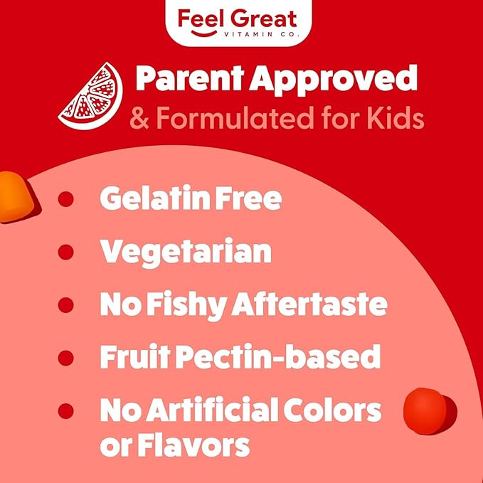Feel Great Vitamins Kids DHA Gummies with Omega 3 6 9, Vitamin C | Supports Healthy Brain Function, Vision & Heart Health | Gluten Free, Vegetarian | 60 Gummies
