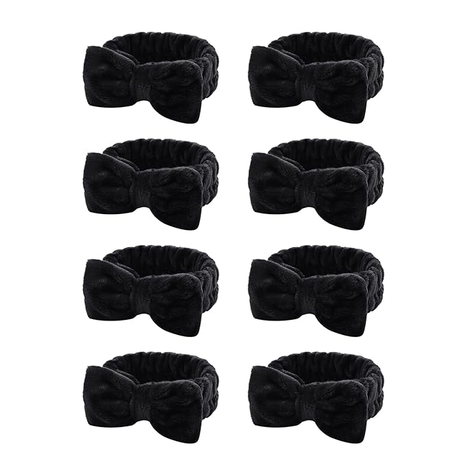 Casoty 8 Pcs Black Hairband, Soft Coral Fleece Skincare Headbands for Women Makeup, Hair Band for Washing Face, Makeup Headband for Face Washing Shower Skin Care Yoga, Bow Headbands for Adults
