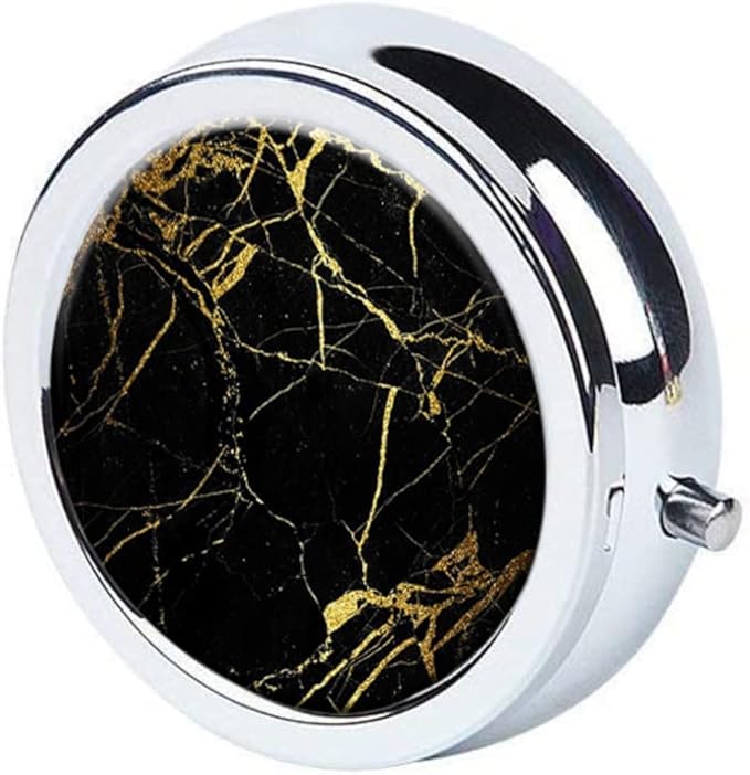 Gold Texture On Black Marble Background Pill Box Purse Pocket Small Round Silver Pill Case Decorative Box Metal Medicine Vitamin Pill Organizer Portable Unique Gift