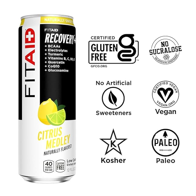 FITAID Recovery Blend, Number 1 Post-Workout Recovery Drink, BCAAs, Electrolytes, Full Vitamin B Complex, Paleo, Vegan & Gluten-Free, Lightly Carbonated, 12 Fl Oz (Pack of 4)