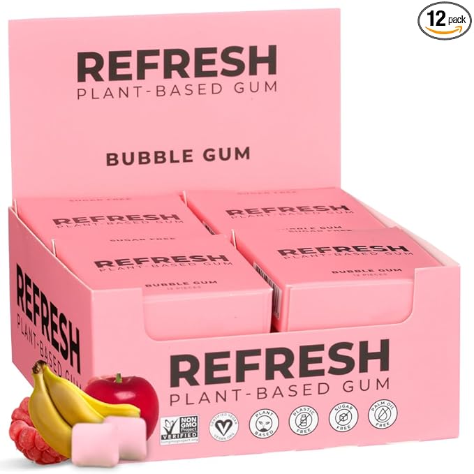 Refresh Gum, Xylitol, Sugar Free, Natural, Chewing Gum, Natural Flavors & Organic Ingredients, Plant-Based, Plastic Free, Non GMO, Gluten Free, Vegan, Bubble Gum Flavor, 12 Pcs, 12 Pack