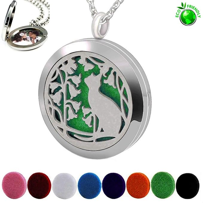 Essential Oil Diffuser Necklace, Aromatherapy Perfume Stainless Steel Cat Locket Pendant Jewelry Christmas Birthday Gift for Women Men Teen