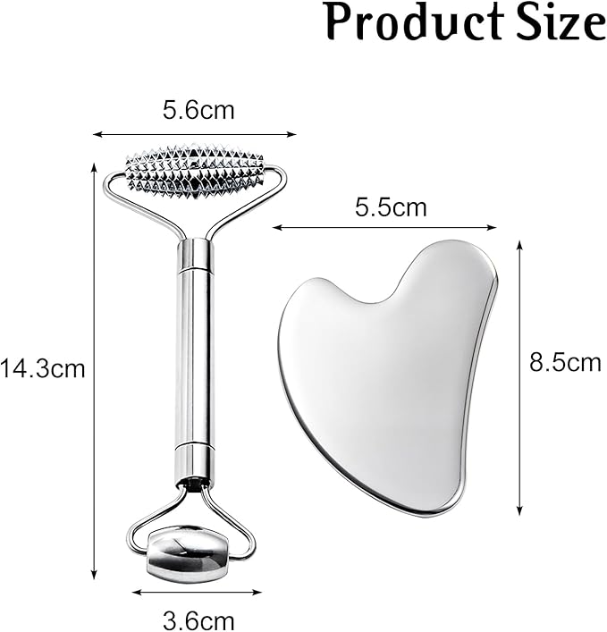Gua Sha & Face Roller, Stainless Steel Gua Sha Facial Tools for Face, Eyes,Chin & Jawline Sculpting,Body Gua Sha Tools with Pouch