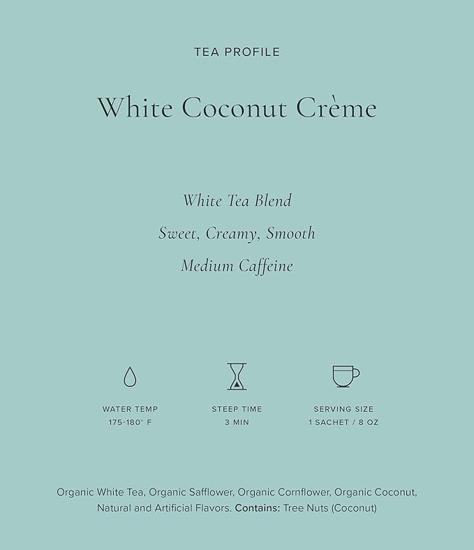Art of Tea | Organic White Coconut Crème | 12 Count Eco Friendly Sampler Box Assortment | Premium Caffeinated Organic White Tea Variety | Biodegradable Sachets