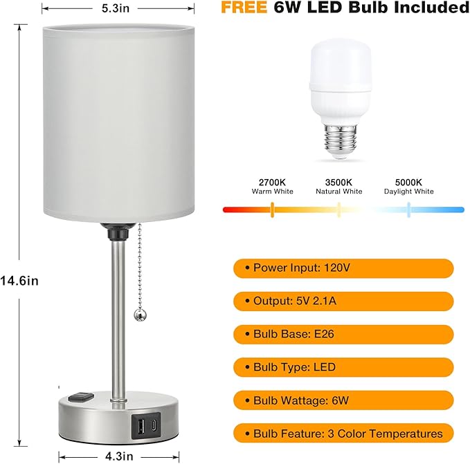 Grey Bedroom Lamp for Nightstand - 3 Color Temperature Table Lamp with USB C and A Ports, Pull Chain Bedside Lamp with AC Outlet, Desk Lamp with Silver Metal Base for Kids Girls