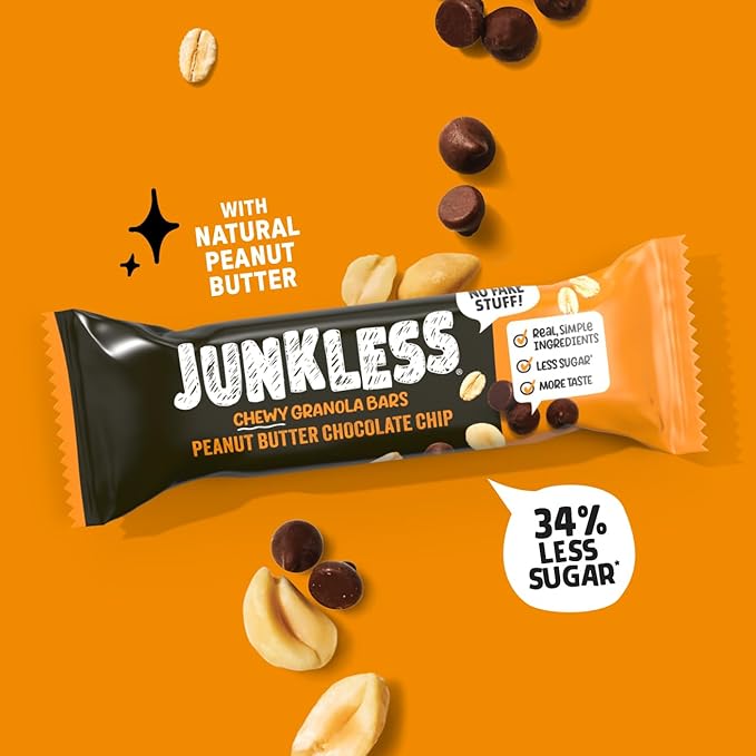 JUNKLESS Chewy Granola Bars Twin Pack – Chocolate Chip & Peanut Butter Chocolate Chip (12 Bars)–Less Sugar, Non-GMO, Gluten-Free, Wholesome Snack Bars for Kids & Adults, 2 Boxes