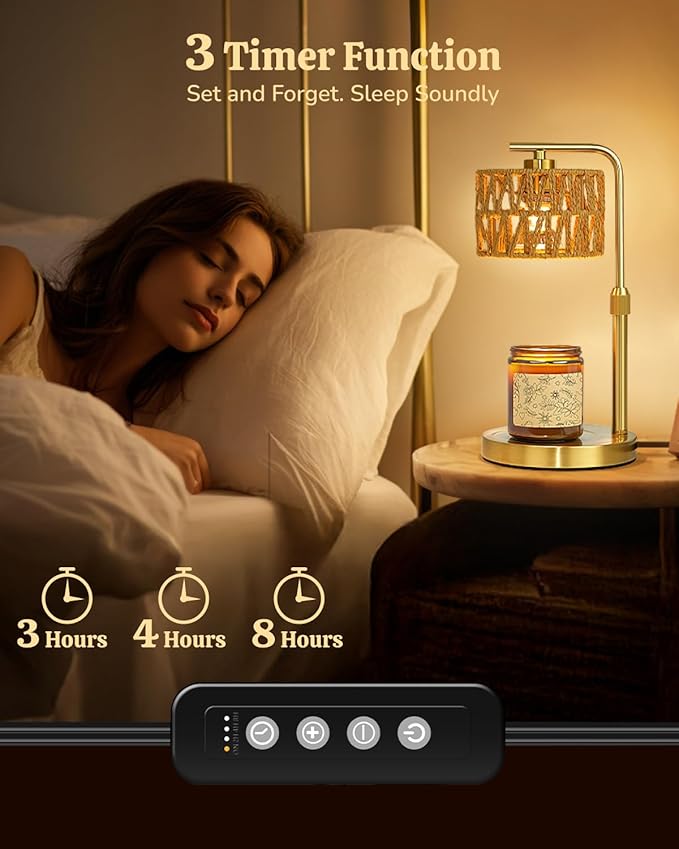 Candle Warmer Lamp with Timer, Dimmable Candle Warmer for Jar Candles, Height Adjustable Wax Melts Warmer, Boho Rattan Lampshade and 2 Bulbs, Gift for Home Room Decor, Gifts for Women Mom (Gold)