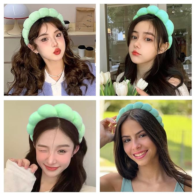 Spa Headbands for Washing Face or Makeup, Sponge Bubble Skincare Headbands, Puffy Terry Cloth Hairband for Women, Skin Care Makeup Headwear Hair Accessories for Girls (Green)