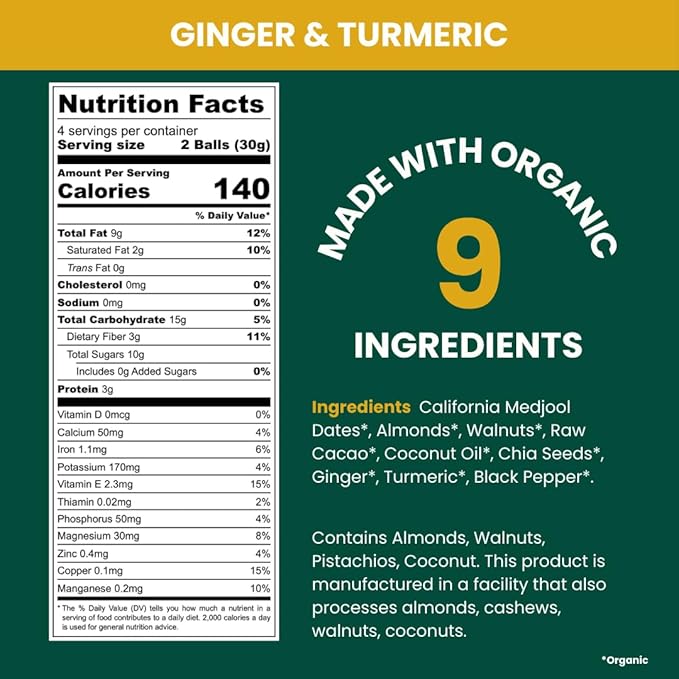 Jools Medjool Date Energy Bites with Ginger & Turmeric – Made with Organic Ingredients – Superfood Snack to Support Vitality – Tastes Like Golden Spice & Caramel – Chewy, Nutty, Naturally Sweet – No Added Sugar, Vegan & Gluten Free | 3 × 4 oz Pouches