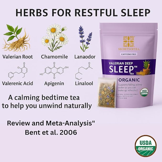 Secrets Of Tea Valerian Sleep Tea - Natural USDA Organic Caffeine-Free Tea- Herbal Tea for Sleep and Relaxation with Lavender, Chamomile and Lemon Balm - 20 Count(1 Pack)