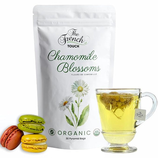 The French Touch Chamomile Tea ORGANIC | 1.5g x 30 Pyramid Bags |100% Certified USDA Organic | Plant based tea bags | Select Premium Tea | Whole Flower (Chamomile) | Caffeine-free