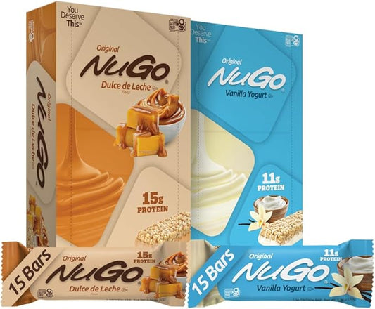NuGo Protein Bar, NEW! Dulce De Leche 15 bars & Vanilla 15 bars, 11-15g Protein, Gluten Free, 30 Count