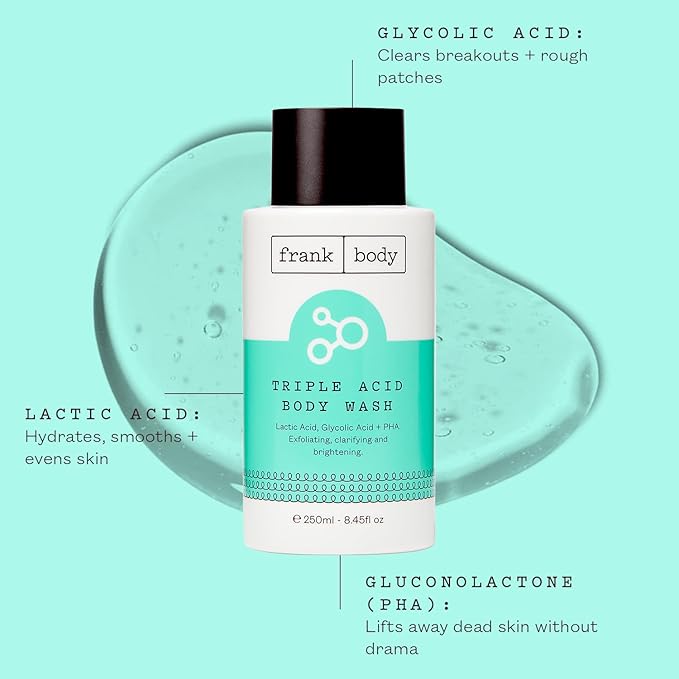 frank body Triple Acid Body Wash | Clears Body Acne & Smooths KP Bumps | Daily Exfoliating Cleanser with Lactic, Glycolic & PHA Acids | Vegan & Cruelty-Free | Rosemary Spa Scent | 250ml/8.45 fl oz