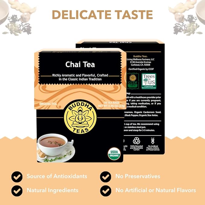 Buddha Teas - Organic Chai Tea - Delicately Spiced & Warming - For Health & Wellbeing - With Antioxidants & Minerals - Clean Ingredients - With Caffeine - OU Kosher & Non-GMO - 18 Tea Bags (Pack of 1)