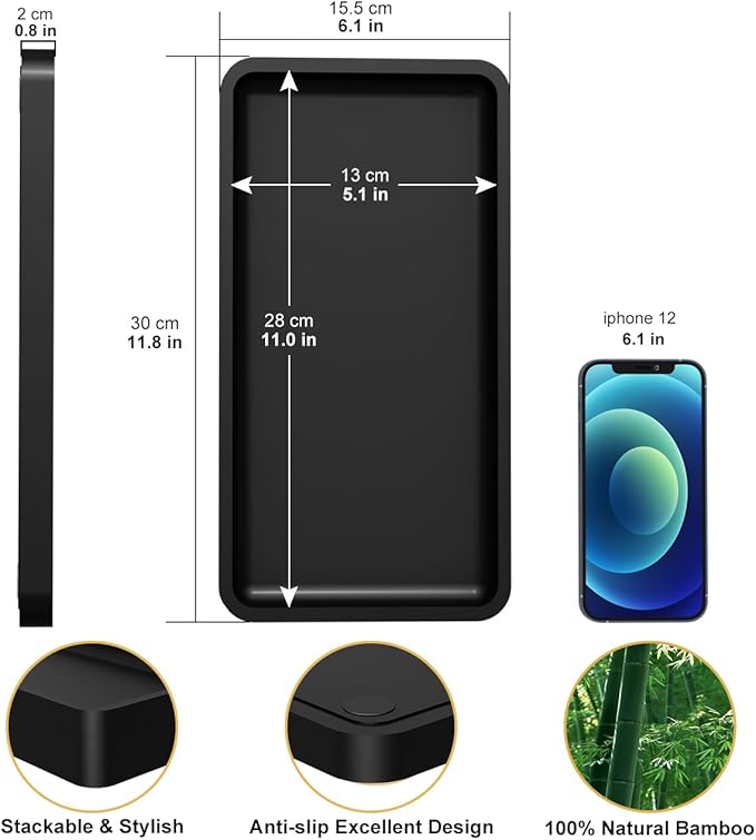 Bathroom Vanity Tray for Countertop - Bamboo Organizer Tray for Dresser Tops, Toilet, Perfume Small Decorative Wood Tray for Home Decoration 11.4” L x 6.1” W x 0.7” H (Black)