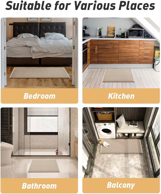 AMOAMI Upgraded Waffle Runner Rug Super Absorbent Non Slip Bath Mats for Bathroom Machine Washable Bathroom Runner Rug with Tassels, Ideal for Hallway Bedroom Laundry Room, 2' x 4', Brown & Cream