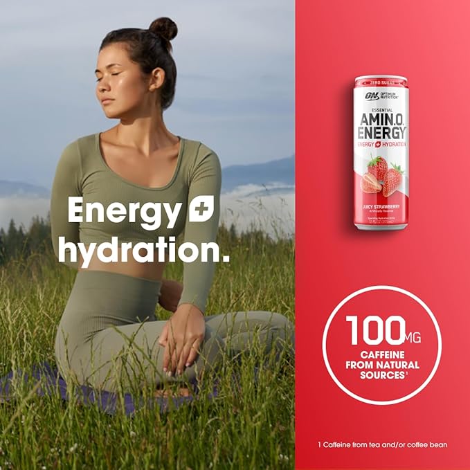 Optimum Nutrition Amino Energy Sparkling Hydration Drink, Electrolytes, Caffeine, Amino Acids, BCAAs, Sugar Free, Juicy Strawberry, 12 Fl Oz, 12 Pack (Packaging May Vary)